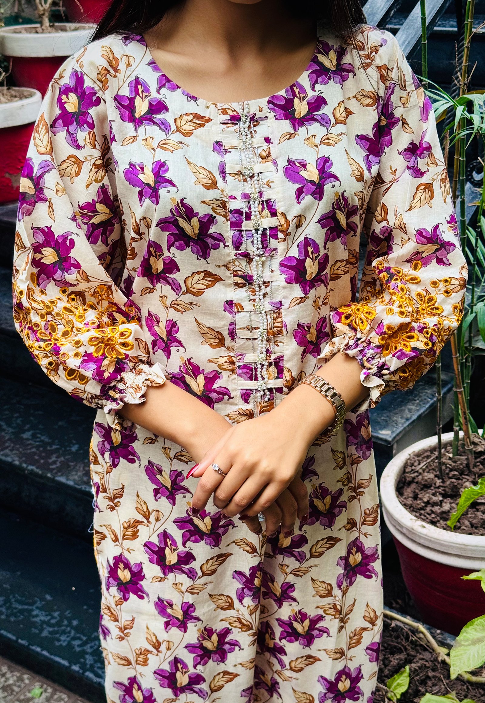 PRINTED LAWN SUIT BROWN